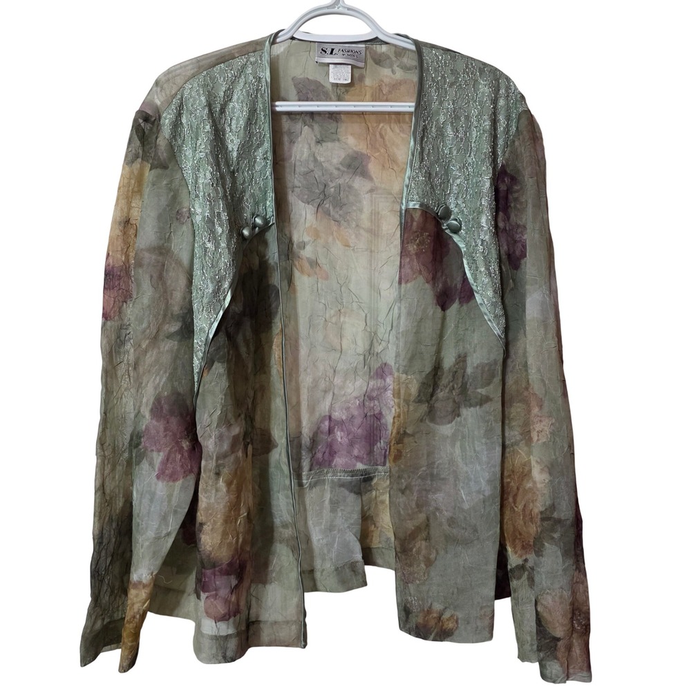 S.L. Fashions Women 20W Jacket Green Floral Vintage Lace Broomstick Sheer Blazer